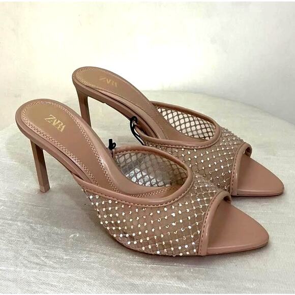 ZARA Embellished Mesh Slide Heels Nude Tan Size 8 NWT - Picture 5 of 16